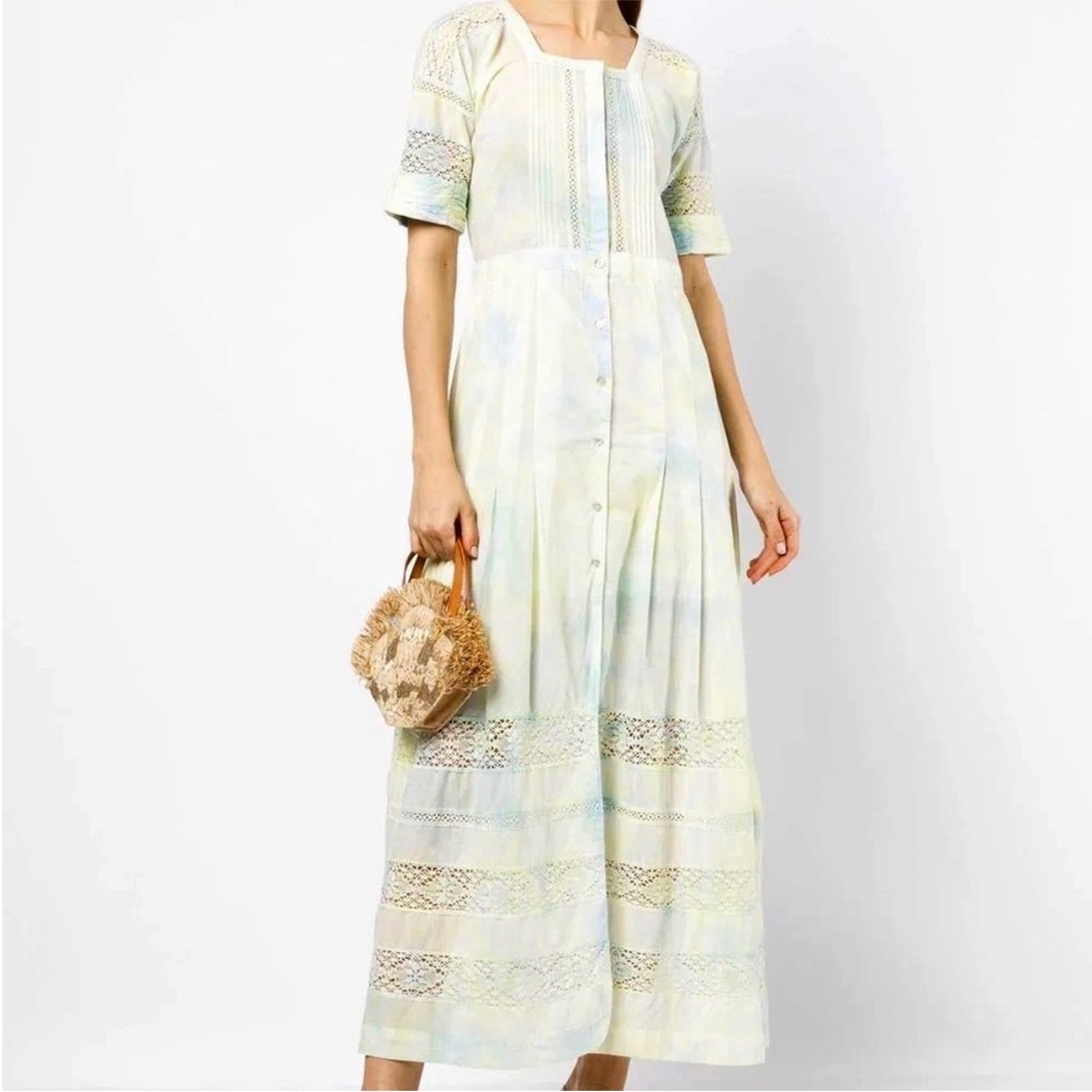 LoveShackFancy Edie Dress Women’s Size Medium Green Blue Tie Dye Midi
